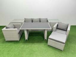 Rackhams Patio Garden Furniture Sets with Black Glass Top Dining Table Armchair 3 Seater Sofa 2 Side Tables Big Stool Light Grey