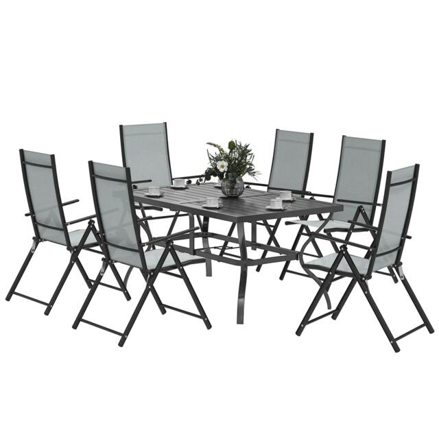 Rackhams Seven-Piece Steel Outdoor Dining Set, with Parasol Hole - Grey