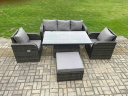 Rackhams 6 Seater Rattan Outdoor Garden Furniture Sets Height Adjustable Rising lifting Dining Table Lounge Sofa Set With Big Footstool Dark Grey Mixed - thumbnail 2