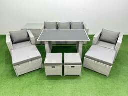 Rackhams Patio Garden Furniture Sets with Black Glass Top Dining Table Armchair 3 Seater Sofa Side Table 4 Stools Light Grey