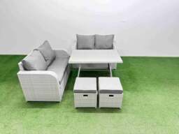 Rackhams 6 Seater Outdoor Love Sofa Set Rattan Garden Furniture Set with Rectangular Dining Table 2 Small Footstool Light Grey - thumbnail 2