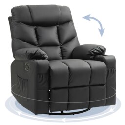 Rackhams Manual Recliner Chair with Footrest, Cup Holder, Swivel Base - Black - PU Leather - 86cm x 93cm x102cm