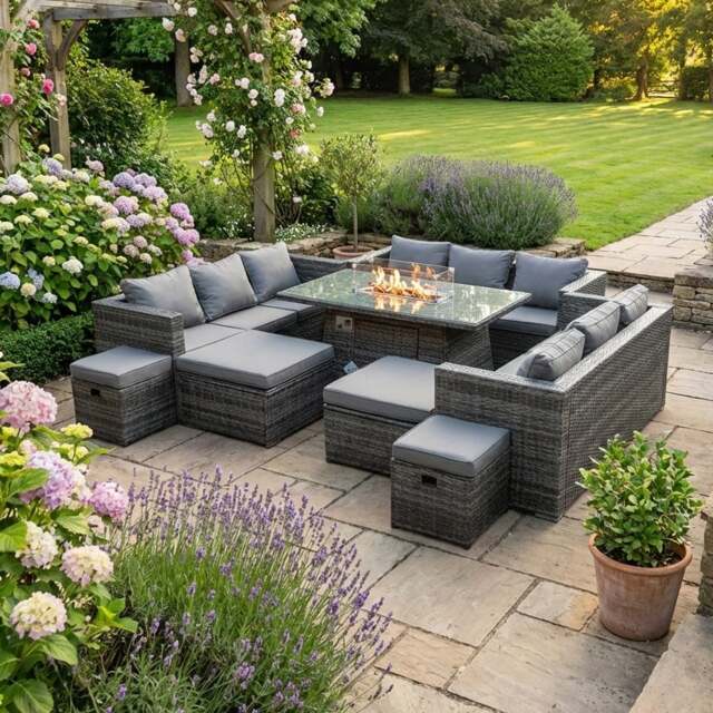 Rackhams 13 Seater Rattan Garden Furniture Set with Fire Pit Dining Table, 3 Sofas, 4 Footstools - Dark Grey - image 1