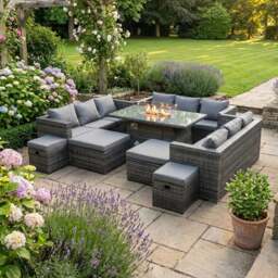Rackhams 13 Seater Rattan Garden Furniture Set with Fire Pit Dining Table, 3 Sofas, 4 Footstools - Dark Grey - thumbnail 1
