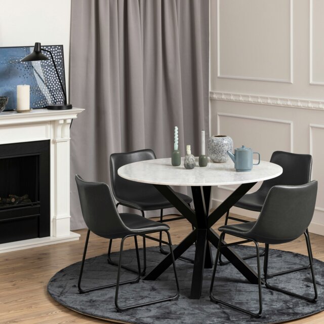 Rackhams Heaven Round Dining Table with White Polished Marble Top Included 4 I_Oregon Dining Chair In Black with Cream Stitching, - Black - No - White - image 1
