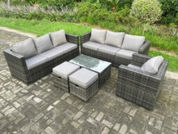 Rackhams Wicker PE Rattan Sofa Set Outdoor Patio Garden Furniture with Armchair Oblong Coffee Table 2 Small Footstools Dark Grey Mixed - thumbnail 1