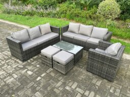 Rackhams Wicker PE Rattan Sofa Set Outdoor Patio Garden Furniture with Armchair Oblong Coffee Table 2 Small Footstools Dark Grey Mixed - thumbnail 2