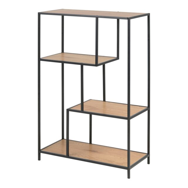 Rackhams Seaford Black Metal Asymmetrical Bookcase with 3 Oak Shelves - 1 - Black and Natural - Wood - image 1