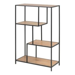 Rackhams Seaford Black Metal Asymmetrical Bookcase with 3 Oak Shelves - 1 - Black and Natural - Wood - thumbnail 1
