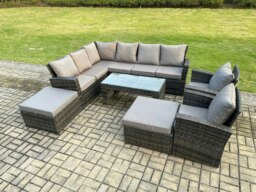 Rackhams Outdoor Furniture Garden Dining Set Rattan Corner Sofa Set with 2 Armchairs 2 Big Footstool Dark Grey Mixed - thumbnail 2