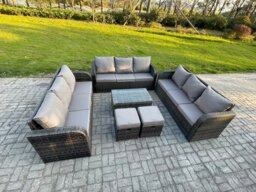 Rackhams Rattan Lounge Sofa Set 11 Seater Outdoor Garden Furniture Set with Rectangular Coffee Table 3 Seater Sofa 2 Small Footstools Dark Grey Mixed - thumbnail 2