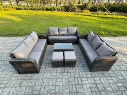 Rackhams Rattan Lounge Sofa Set 11 Seater Outdoor Garden Furniture Set with Rectangular Coffee Table 3 Seater Sofa 2 Small Footstools Dark Grey Mixed - thumbnail 1