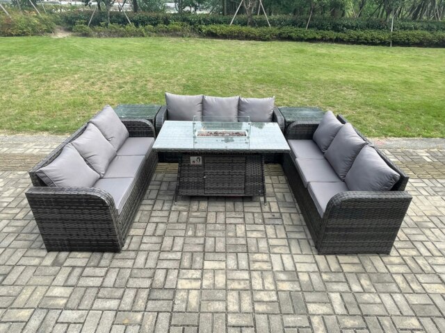 Rackhams Rattan 9 Seater Outdoor Garden Furniture Dining Set with Gas Fire Pit Table & 2 Side Tables - Lounge Sofa - Dark Grey - image 1