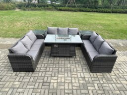 Rackhams Rattan 9 Seater Outdoor Garden Furniture Dining Set with Gas Fire Pit Table & 2 Side Tables - Lounge Sofa - Dark Grey - thumbnail 1