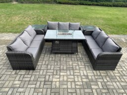 Rackhams Rattan 9 Seater Outdoor Garden Furniture Dining Set with Gas Fire Pit Table & 2 Side Tables - Lounge Sofa - Dark Grey - thumbnail 4