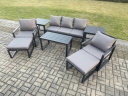 Rackhams Aluminium 8 Pieces Garden Furniture Sofa Set with Cushions 7 Seater Outdoor Patio Set with 2 Armchair 2 Big Footstools 2 Side Tables Dark Grey - thumbnail 2