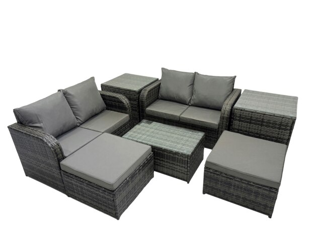 Rackhams Outdoor Love Sofa Coffee Table Set Garden Rattan Furniture Set 6 Seater with 2 Side Tables 2 Big Stools Dark Grey - image 1