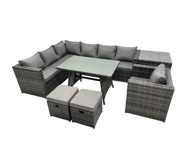 Rackhams 9 seater Outdoor PE Rattan Sofa Set with Dining Table Patio Garden Furniture Sets with Chair 2 Small Stools Dark Grey Mixed - image 1