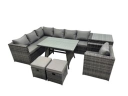 Rackhams 9 seater Outdoor PE Rattan Sofa Set with Dining Table Patio Garden Furniture Sets with Chair 2 Small Stools Dark Grey Mixed - thumbnail 1
