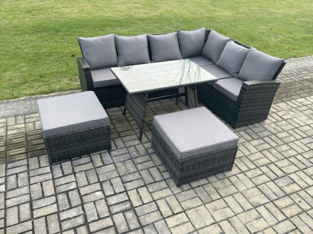 Rackhams Outdoor Furniture Garden Dining Set Rattan Corner Sofa Set Rectangular Dining Table with Temper Glass 2 Big Footstool Dark Grey Mixed - image 1
