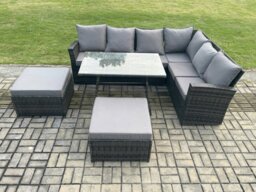 Rackhams Outdoor Furniture Garden Dining Set Rattan Corner Sofa Set Rectangular Dining Table with Temper Glass 2 Big Footstool Dark Grey Mixed - thumbnail 2
