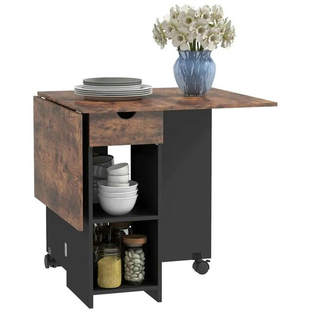 Rackhams Folding Dining Table, Drop Leaf Table for Small Spaces, Foldable Table with Drawer and Storage Shelves for Kitchen, Dining Room, Rustic Brown - image 1