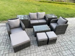 Rackhams Wicker PE Rattan Outdoor Furniture Set Garden Love Sofa Coffee Table 2 Armchair 3 Footstools 2 Side Tables Dark Grey Mixed - thumbnail 2