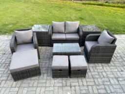 Rackhams Wicker PE Rattan Outdoor Furniture Set Garden Love Sofa Coffee Table 2 Armchair 3 Footstools 2 Side Tables Dark Grey Mixed - thumbnail 1