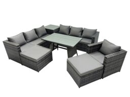 Rackhams Outdoor Corner Sofa Chair Dining Table Set Garden Rattan Furniture Set 9 Seater with Side Table 2 Big Stool Dark Grey - thumbnail 1