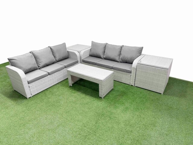 Rackhams Outdoor Garden Furniture Sets 6 Seater Wicker Rattan Furniture Sofa Sets with Oblong Coffee Table high Back Lounge Sofa 2 Side Table Light Grey - image 1