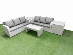 Rackhams Outdoor Garden Furniture Sets 6 Seater Wicker Rattan Furniture Sofa Sets with Oblong Coffee Table high Back Lounge Sofa 2 Side Table Light Grey - thumbnail 1