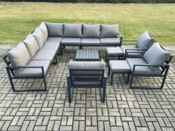 Rackhams Aluminium Outdoor Garden Furniture Set Lounge Corner Sofa 3 Pcs Chair Square Coffee Table Sets with 2 Small Footstools Dark Grey - thumbnail 2