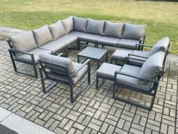 Rackhams Aluminium Outdoor Garden Furniture Set Lounge Corner Sofa 3 Pcs Chair Square Coffee Table Sets with 2 Small Footstools Dark Grey - thumbnail 1
