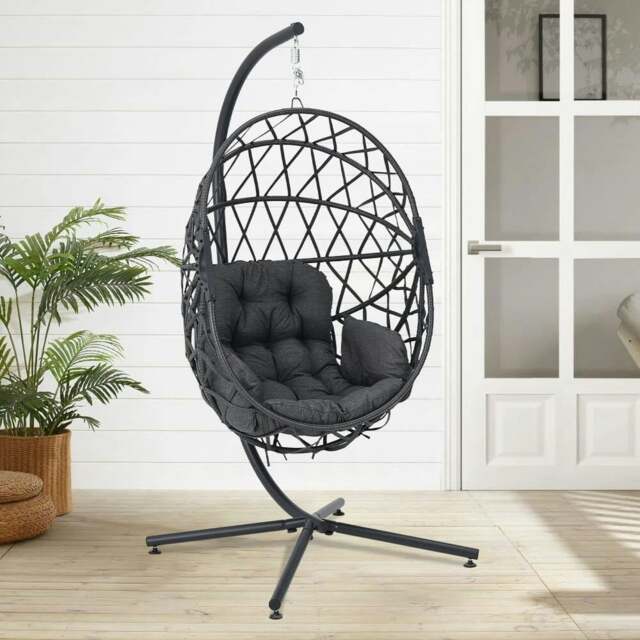 Rackhams Black Wicker Rattan Swing Basket Chair with Soft Cushion - image 1