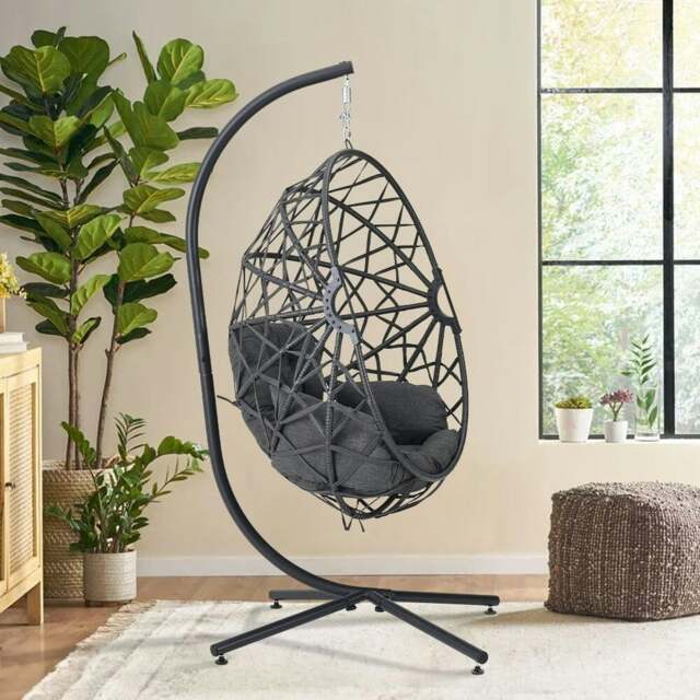 Rackhams Black Wicker Rattan Swing Basket Chair with Soft Cushion - image 1