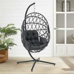 Rackhams Black Wicker Rattan Swing Basket Chair with Soft Cushion