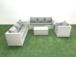 Rackhams Wicker PE Rattan Sofa Garden Furniture Set with Armchair Oblong Coffee Table Light Grey Mixed - thumbnail 1