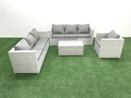 Rackhams Wicker PE Rattan Sofa Garden Furniture Set with Armchair Oblong Coffee Table Light Grey Mixed - thumbnail 2