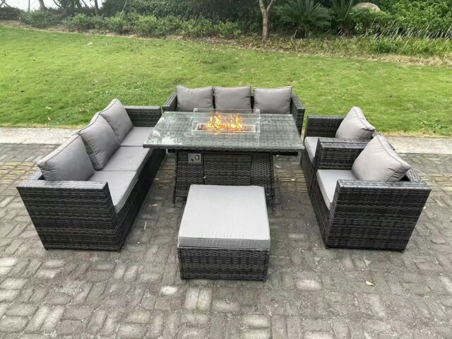 Rackhams Rattan Garden Furniture Set Gas Fire Pit Lounge Sofa Chair Dining Set with Arm Chair Stools - image 1