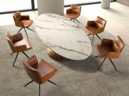 Rackhams Oval dining table with porcelain marble and bronze-coloured steel barrel 1160