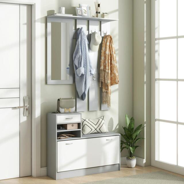 Rackhams Hallway Furniture Set with Shoe Cabinet, Coat Rack and Mirror, Grey - Dark Grey