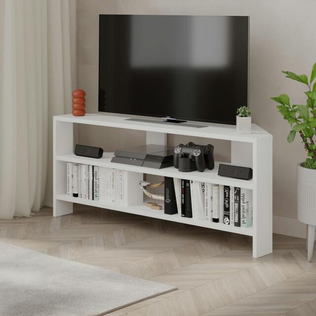 "Rackhams Thales Corner TV Stand for 32"" TVs with Open Shelves & Soft Rounded Edge 110cm Modern Multimedia Console - White" - image 1