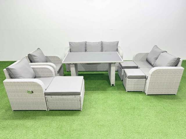 Rackhams 10 Seater Garden Furniture Set PE Rattan Garden Sofa Set with Rectangular Dining Table 3 Stool Light Grey - image 1