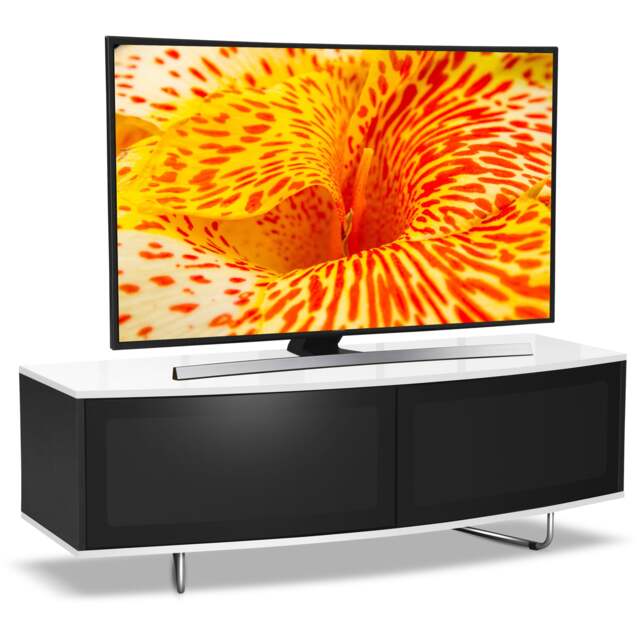 "Rackhams Caru Gloss Black and Gloss White Beam-Thru Remote Friendly Super-Contemporary ""D"" Shape Design 32""-65"" LED/OLED/LCD TV Cabinet" - image 1