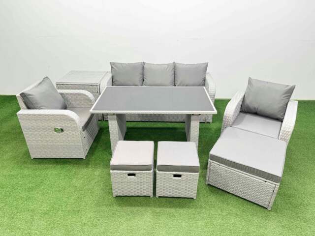 Rackhams Outdoor Rattan Garden Furniture Dining Set 8 seater Patio Rectangular Table 3 Seater Sofa Reclining Chair Set with Side Table 3 Stools - image 1