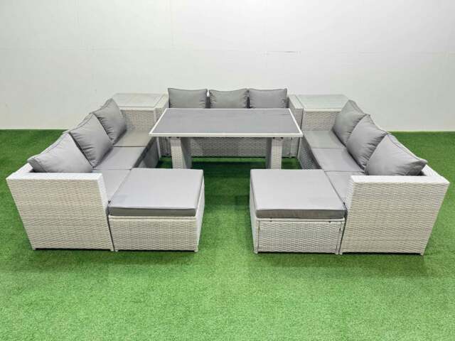 Rackhams Patio Outdoor Garden Furniture Sets with Black Glass Top Dining Table 3 Seater Sofa 2 Side Tables 2 Big Stool Light Grey - image 1