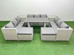 Rackhams Patio Outdoor Garden Furniture Sets with Black Glass Top Dining Table 3 Seater Sofa 2 Side Tables 2 Big Stool Light Grey