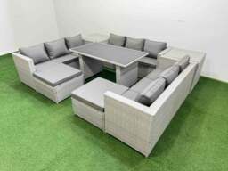 Rackhams Patio Outdoor Garden Furniture Sets with Black Glass Top Dining Table 3 Seater Sofa 2 Side Tables 2 Big Stool Light Grey - thumbnail 2