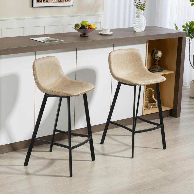 Rackhams Bar Stools Set of 2, Bar Chairs with Back and Steel Legs, Green - Light Brown - PU leather, steel, sponge - 2 - image 1