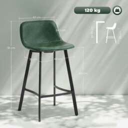 Rackhams Bar Stools Set of 2, Bar Chairs with Back and Steel Legs, Green - Light Brown - PU leather, steel, sponge - 2 - thumbnail 3
